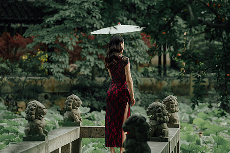 下雨打伞撑纸伞的旗袍美女背影背景