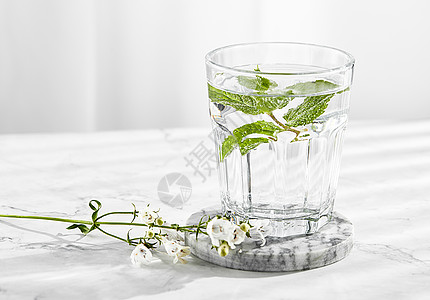 夏日花草蝴蝶白色桌面上的薄荷水背景