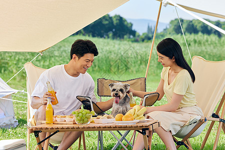 丁克年轻夫妻带着宠物狗户外露营度假背景