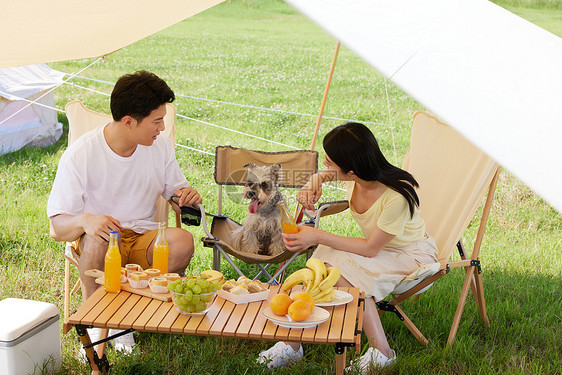 年轻夫妻带着宠物狗户外露营度假图片