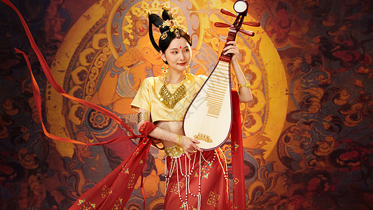 古典美女中国风敦煌美女弹奏琵琶背景