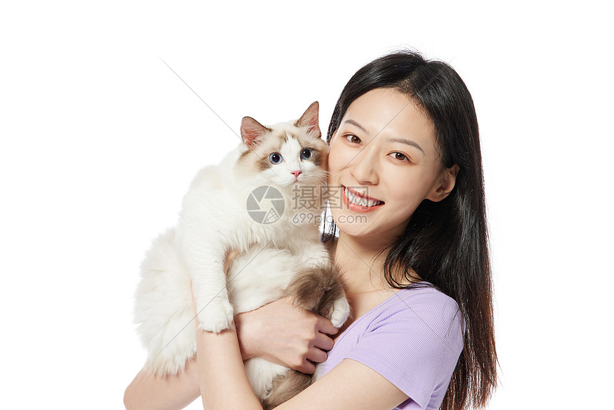 美女主人与宠物布偶猫合照图片