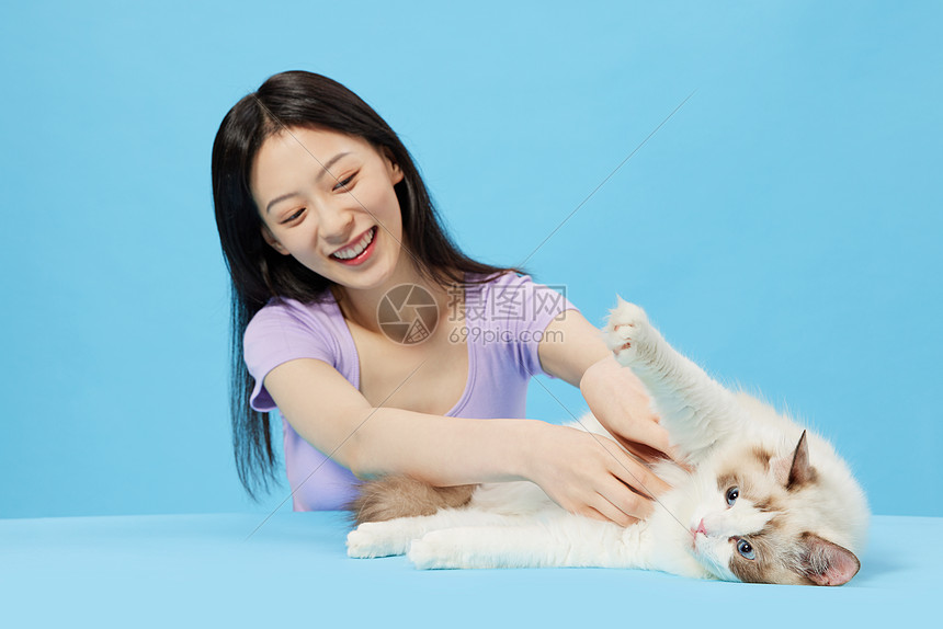青年女性陪伴猫咪玩耍图片