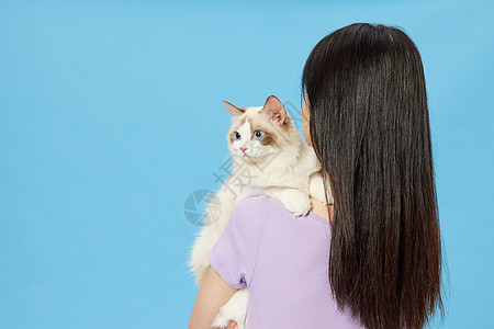 女性主人抱着宠物猫咪背影图片