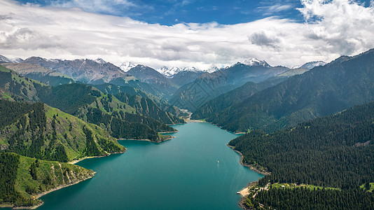 重庆旅游景点航拍5A新疆天山天池景区博格达峰背景