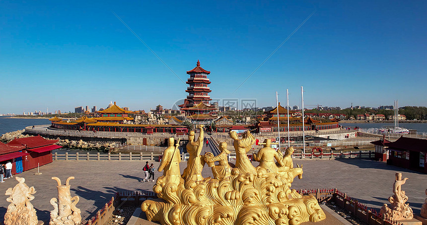 5a航拍山东蓬莱八仙过海景区拜仙台会仙阁望瀛楼