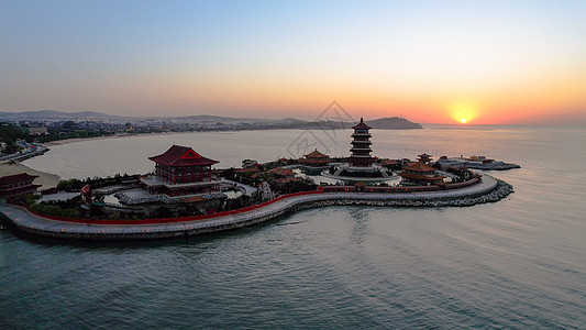 5A景区航拍山东蓬莱八仙过海景区日落夜景高清图片