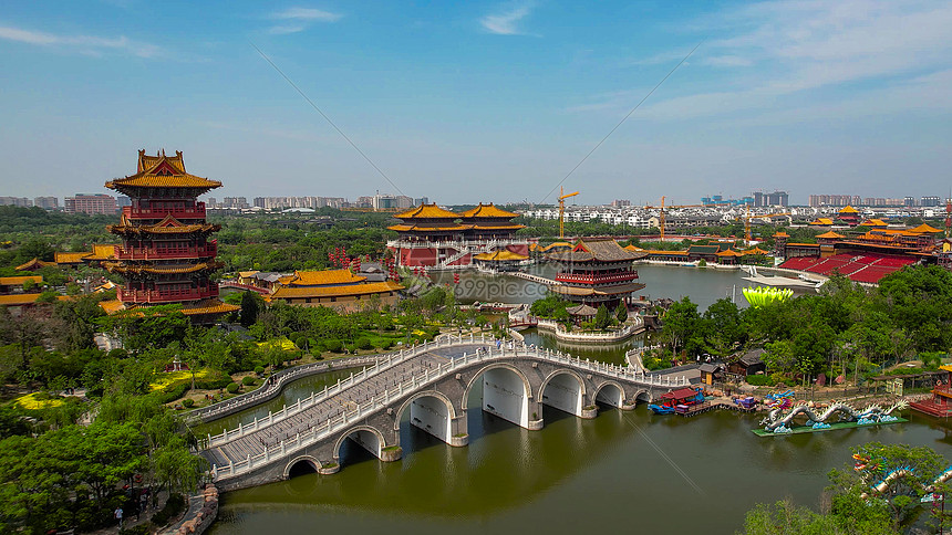 航拍5a景区开封清明上河园景区繁华东京景观区