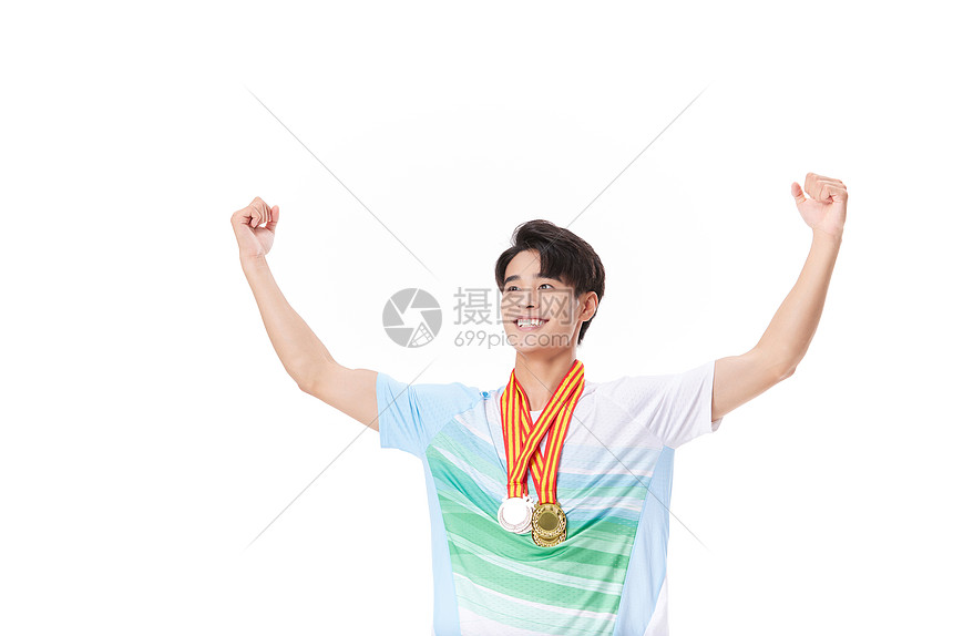 胸前挂着金牌的运动员形象双手高举图片