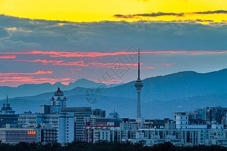 北京西山中央电视塔日落晚霞背景