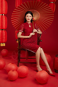 春节装饰旗袍美女打着油纸伞背景