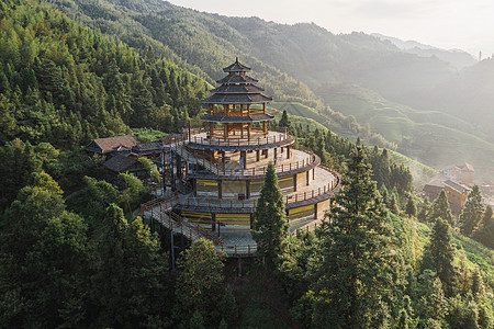 山上寺庙航拍桂林平安寨梯田日出观景台背景