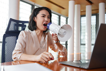 职场女性拿着扩音器对着电脑大叫图片