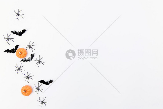 白色背景下的南瓜蜡烛和蝙蝠图片