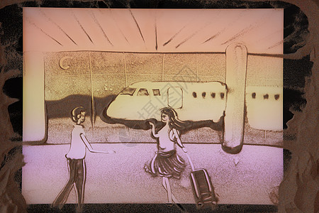 手绘飞机手绘沙画情侣坐高铁背景