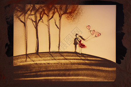 麻雀台手绘沙画情侣恋人约会背景