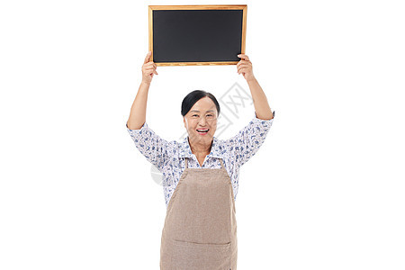 菜市场阿姨手举小黑板背景图片