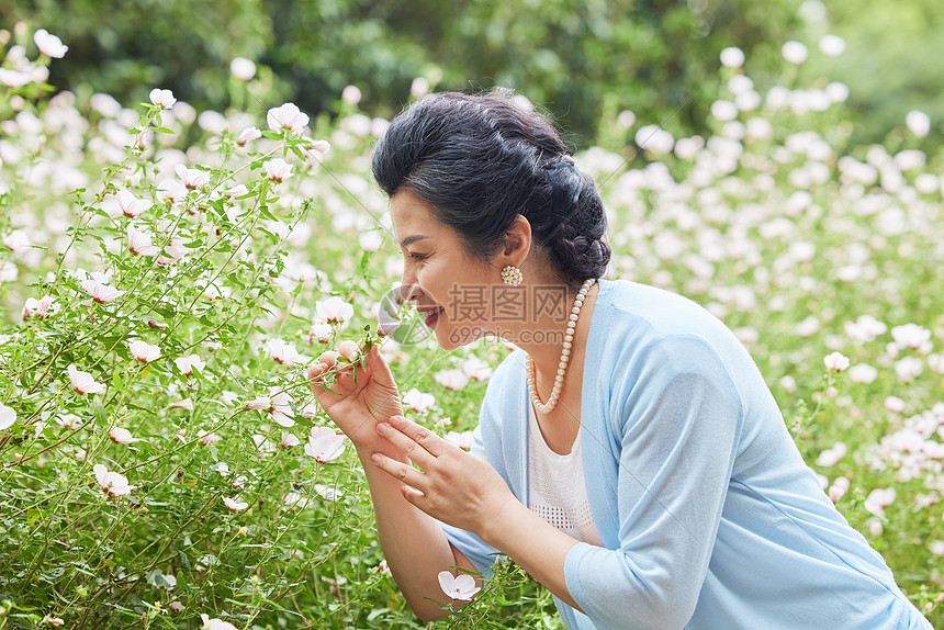 公园闻花香的中年女性图片