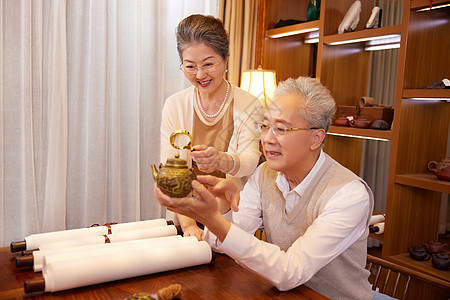 老年夫妻在家鉴赏古董图片