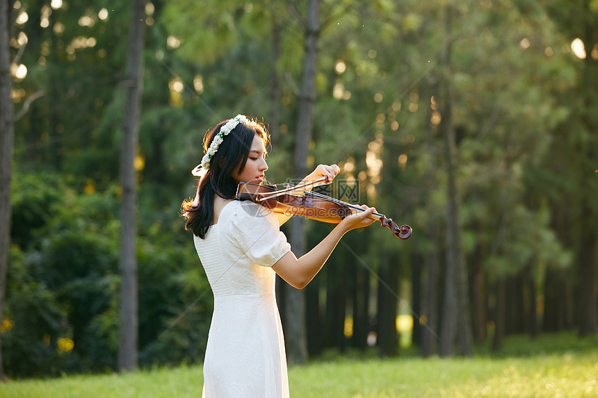 夕阳余晖中拉小提琴的少女背影图片