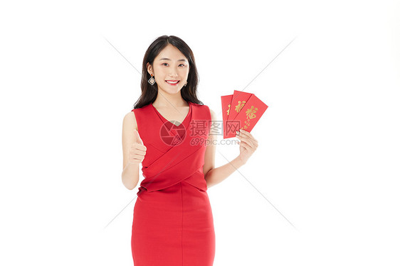 新春美女手拿红包图片