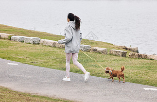 在湖畔牵着狗跑步的美女图片