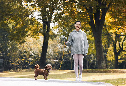 在公园里和泰迪一起散步的运动少女图片