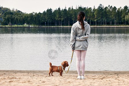 站在湖边的运动少女和萌宠泰迪图片