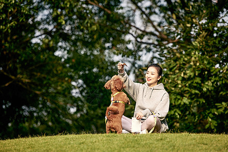 手绘小鱼干在公园草坪里喂食的运动少女背景