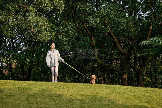 在公园里和泰迪一起散步的运动少女图片