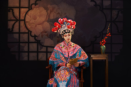 国粹戏曲京剧美女舞台坐着看书背景图片