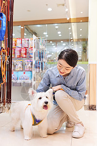 宠物用品商店美女主人带宠物狗逛宠物用品店背景