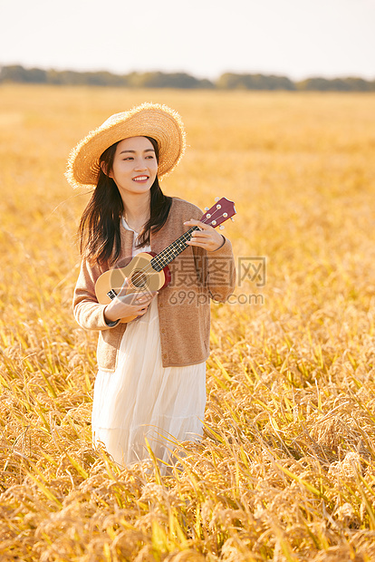 在稻田里弹奏尤克里里的女性图片