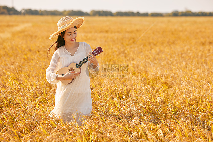 在稻田里弹奏尤克里里的美女图片