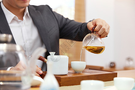 中国茶具泡茶的商务男性手部特写背景