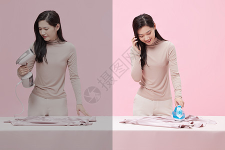 女性使用不同品质熨烫机对比图片