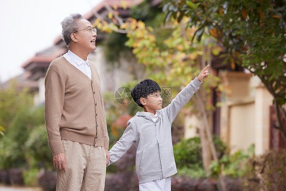 爷爷带着孙子外出散步图片