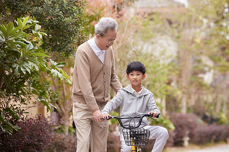 儿童骑车出去玩爷爷教孙子骑自行车背景