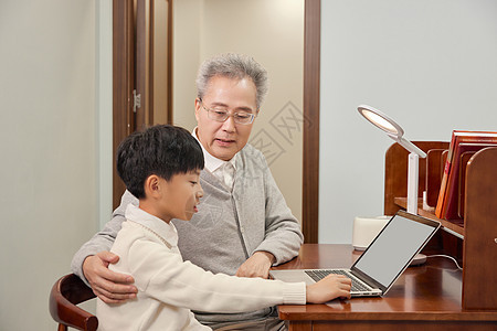 爷爷陪孙子书房电脑学习图片