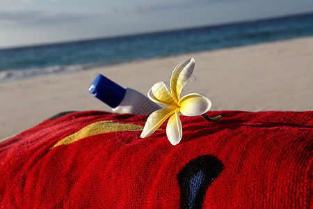 海滩上白色毛巾鲜花和防晒霜图片