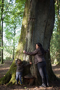 母亲和儿子在森林中抱树图片