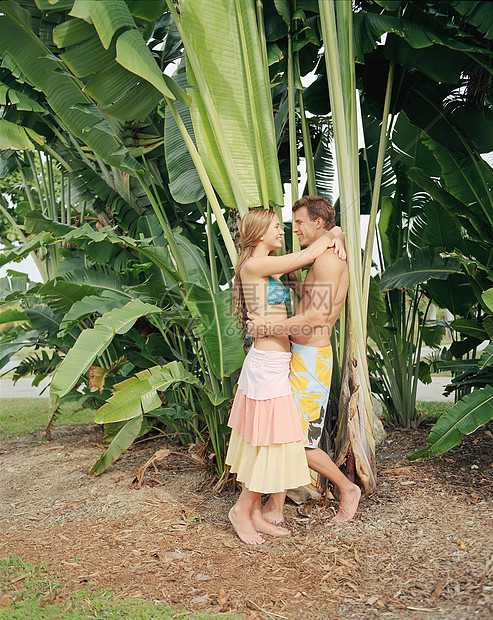 热带植物前拥抱的情侣图片
