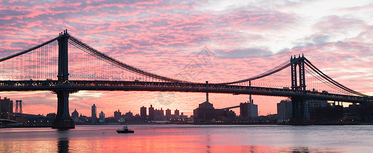 美国纽约市日落时曼哈顿桥全景图片