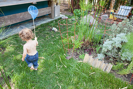 在花园里玩渔网的男孩图片