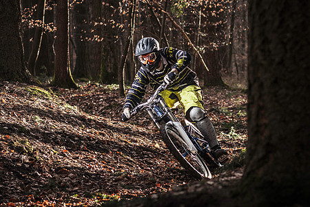 骑自行车穿越森林的选手图片