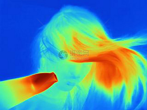 年轻女性吹干头发的热感形象图片