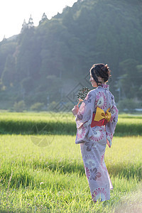 身穿和服草的年轻日本女人图片