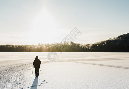 在雪覆盖的田野中行走图片