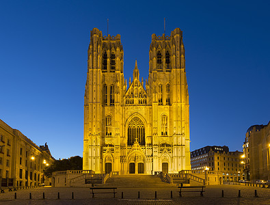 比利时布鲁塞尔晚上的圣迈克尔和古杜拉教堂图片