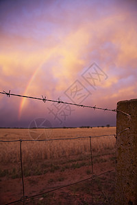 澳大利亚黄昏时铁丝网栅栏和彩虹图片